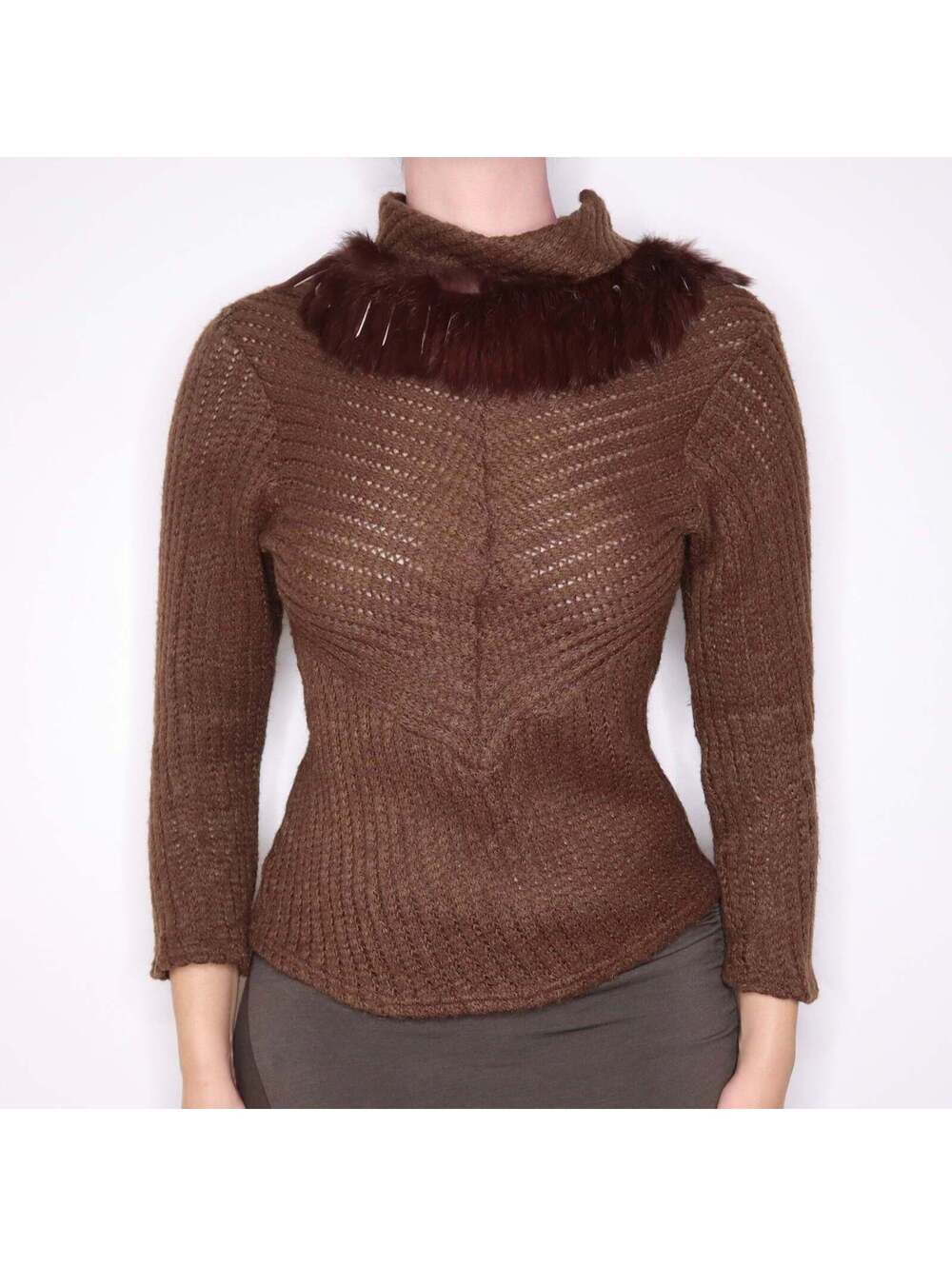 Y2K French Brown Wool Blend Fur Trim Sweater (M)